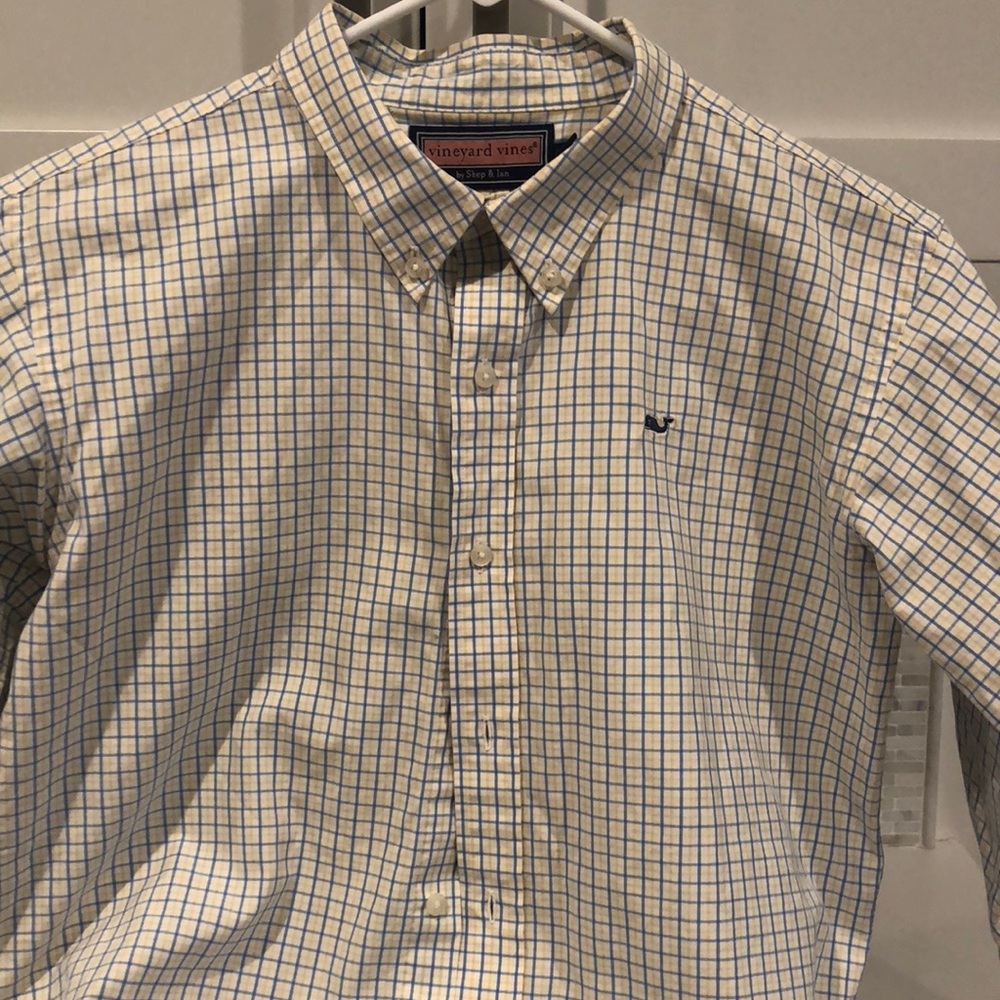 Vineyard Vines blue and yellow check Whale shirt